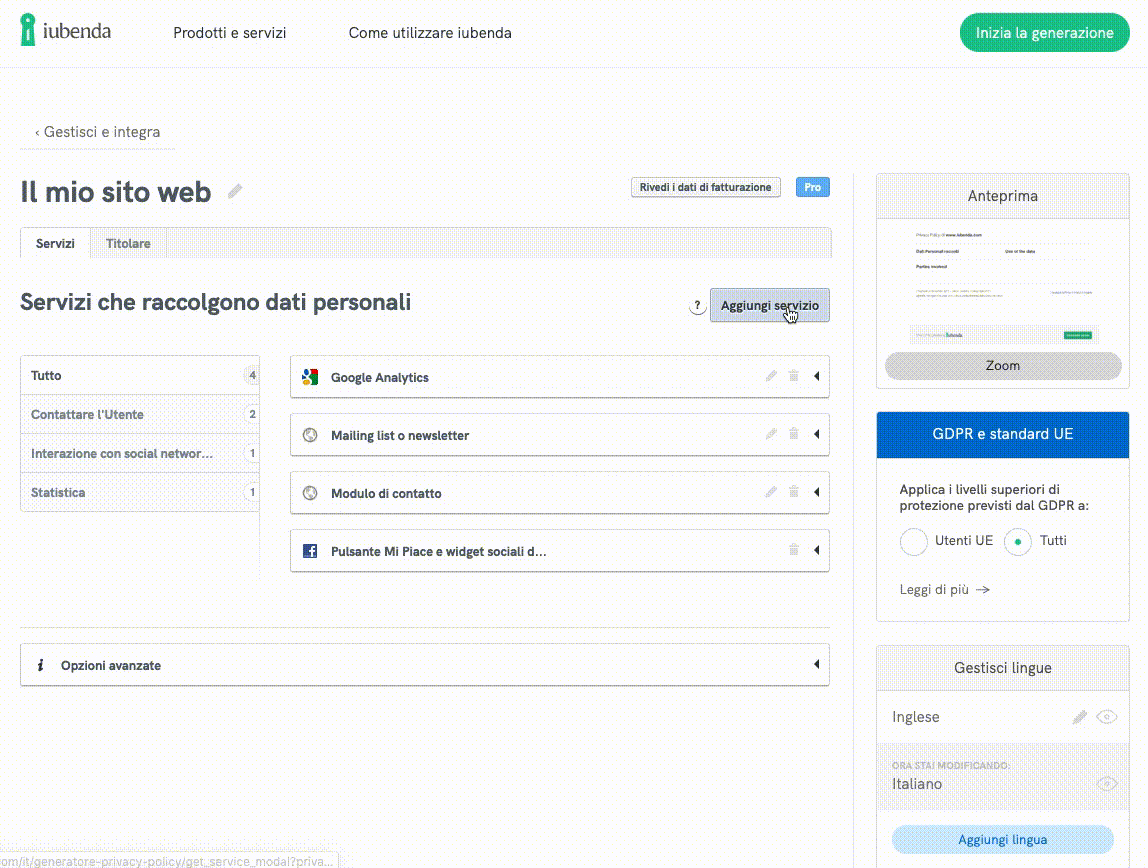 Come aggiungere servizi alla privacy/cookie policy generata con iubenda