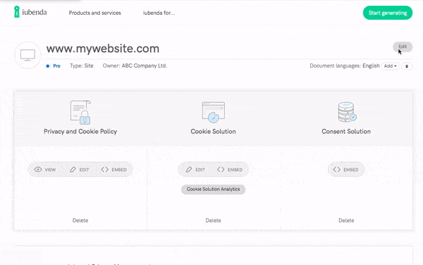 Como alterar o URL do website ou aplicação após gerar uma política de privacidade/cookies com a iubenda