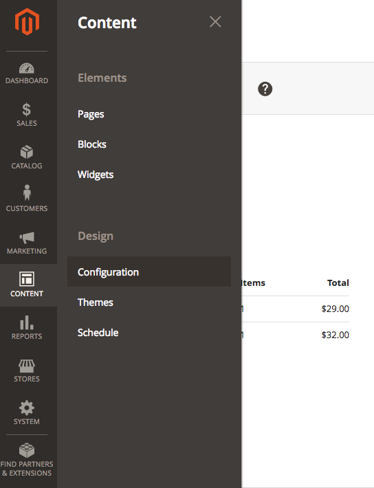 painel admin conteúdo configuração magento