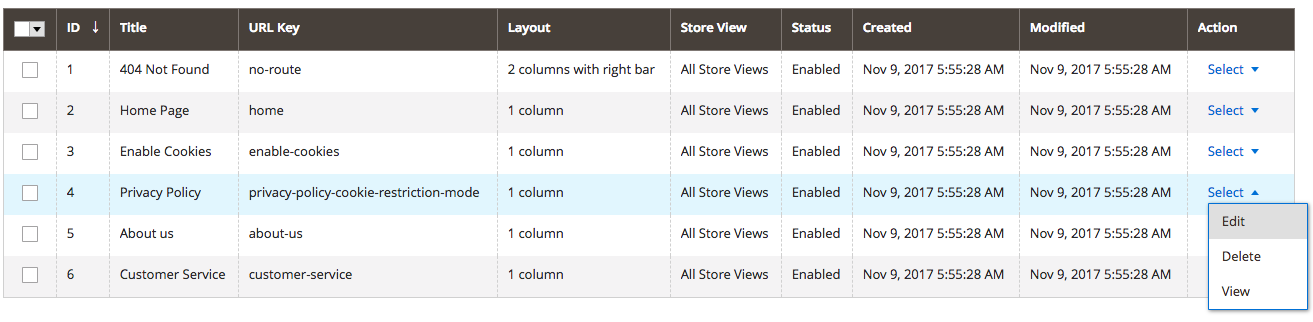 magento editar link de página