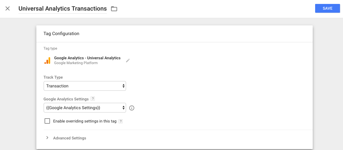 Google Analytics etiqueta de transacción en Google Tag Manager