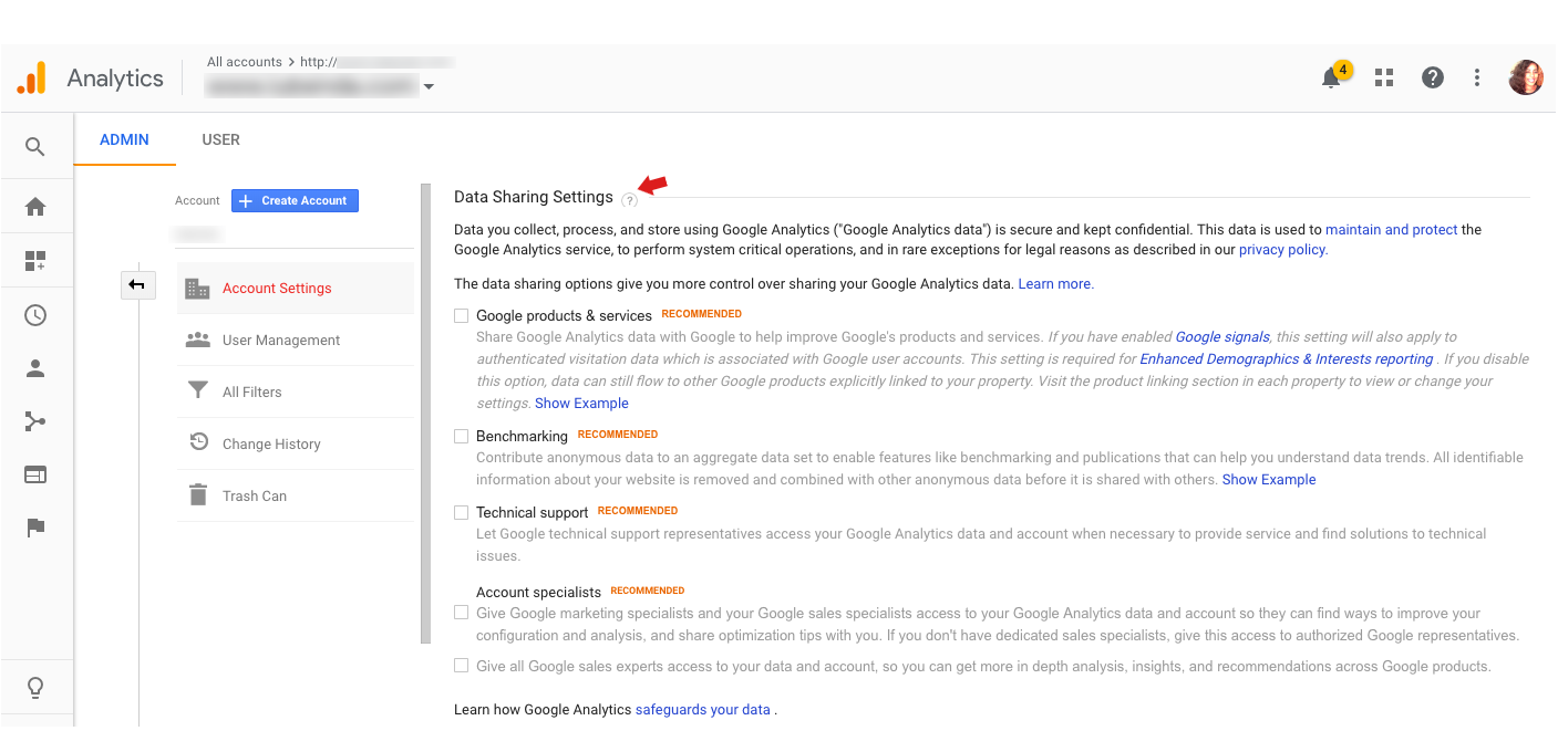 Google Analytics - Configurações de compartilhamento de dados