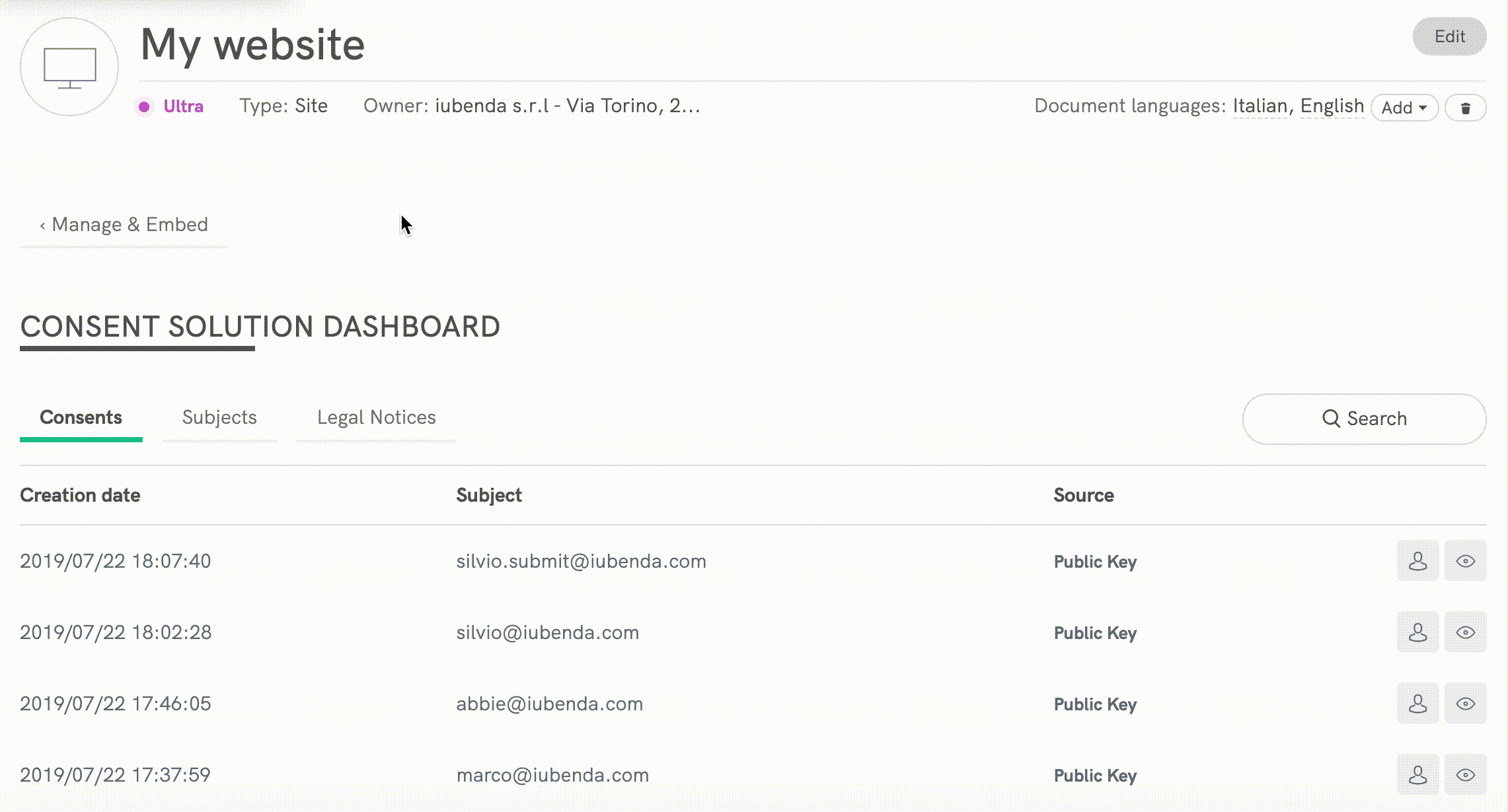 Dashboard Consent Solution - Toestemming, betrokkenen en juridische kennisgevingen