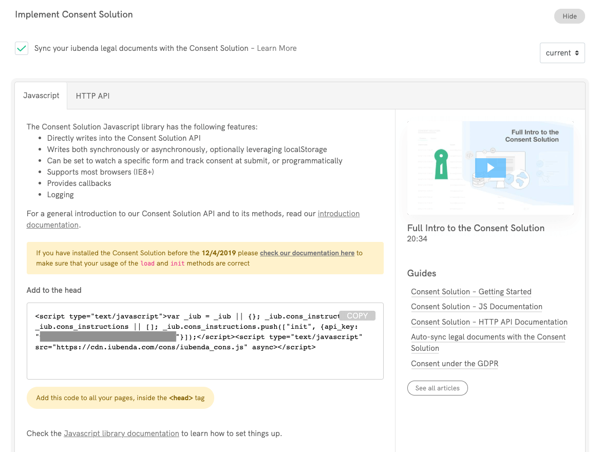 Code JavaScript de la Consent Solution