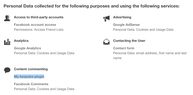 Cláusula personalizada adicionada a uma categoria de finalidade na política de privacidade principal