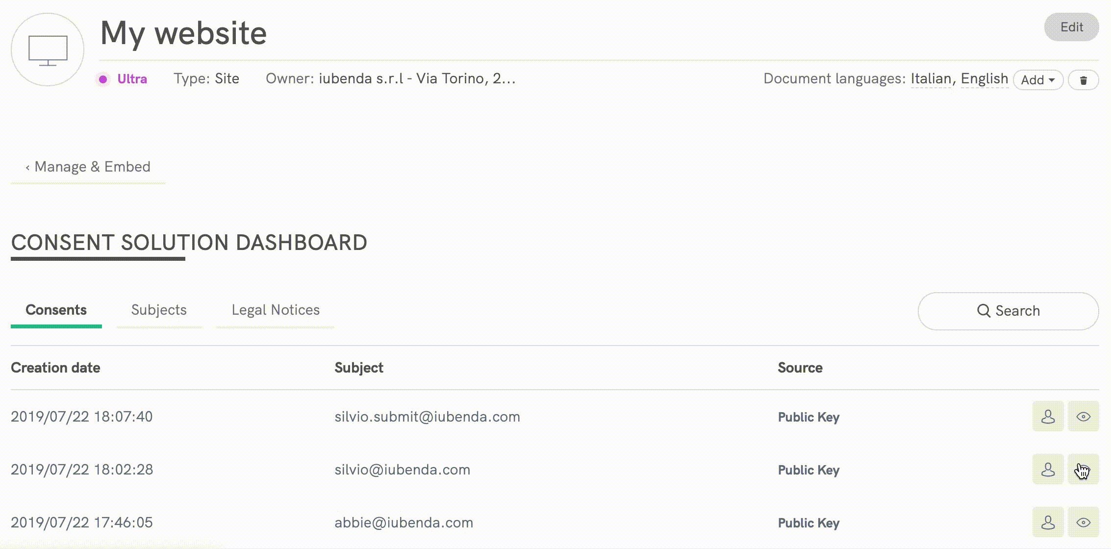 Dashboard Consent Solution - Toestemming, betrokkenen en juridische kennisgevingen (details)