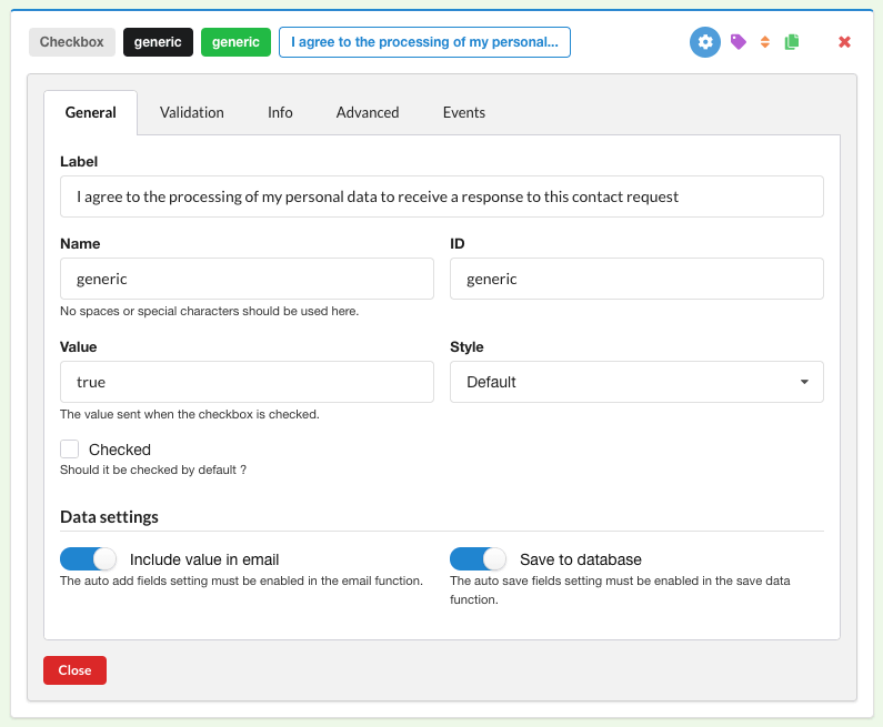 ChronoForms para Joomla! - Configuração da caixa de seleção