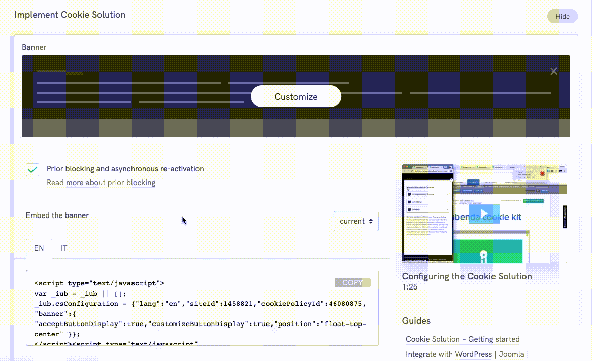 Copie o snippet de código da Cookie Solution