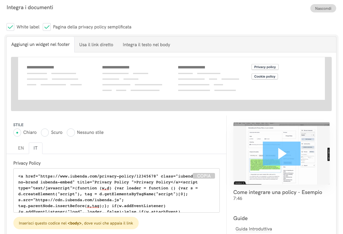 Privacy e Cookie Policy - Widget nel footer