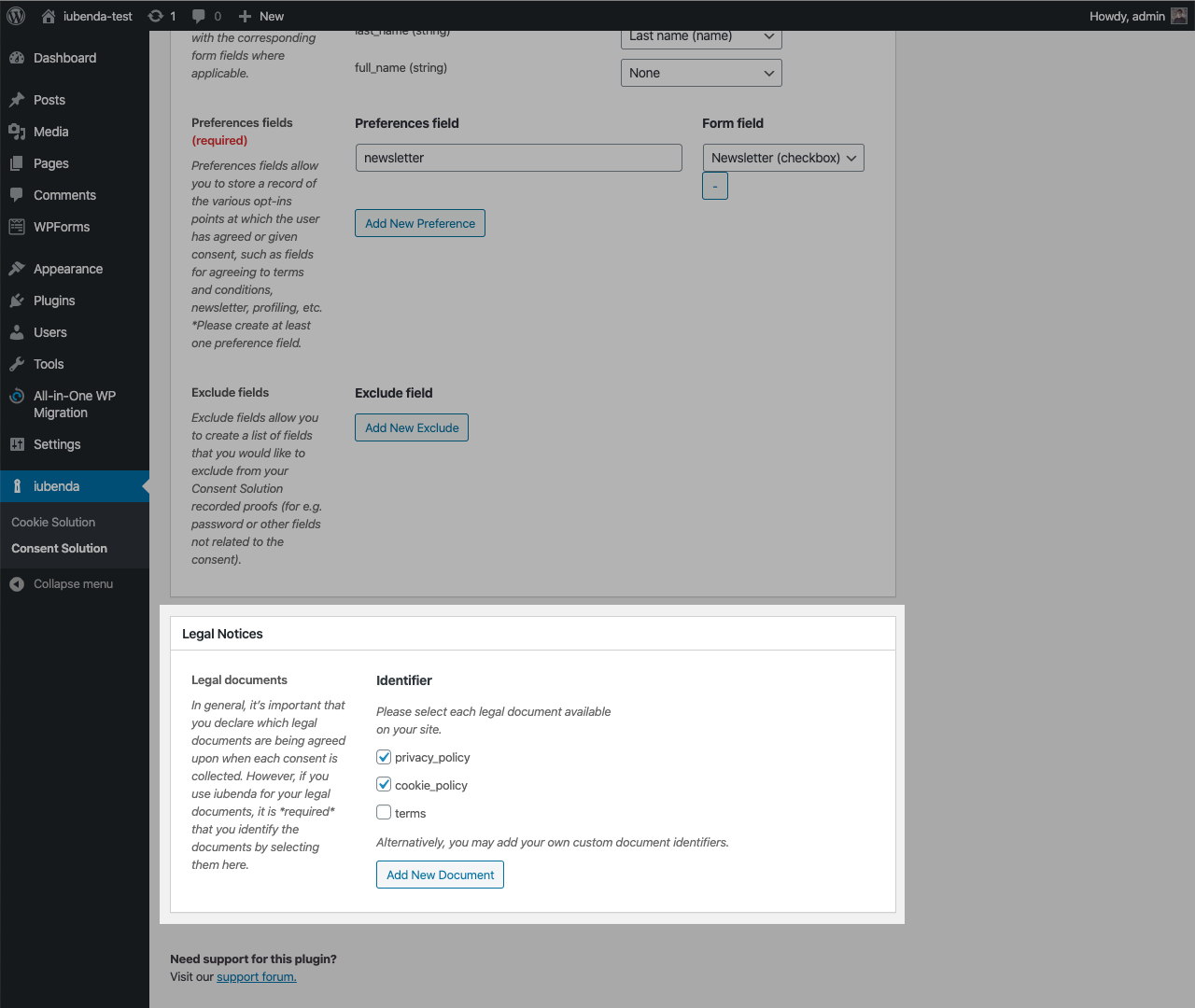 Consent Solution WordPress plugin - Legal documents