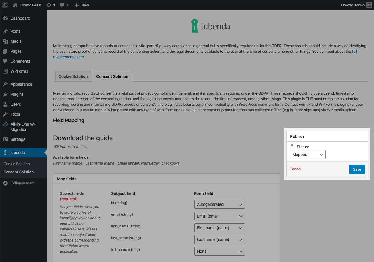 Consent Solution WordPress plugin - Publish