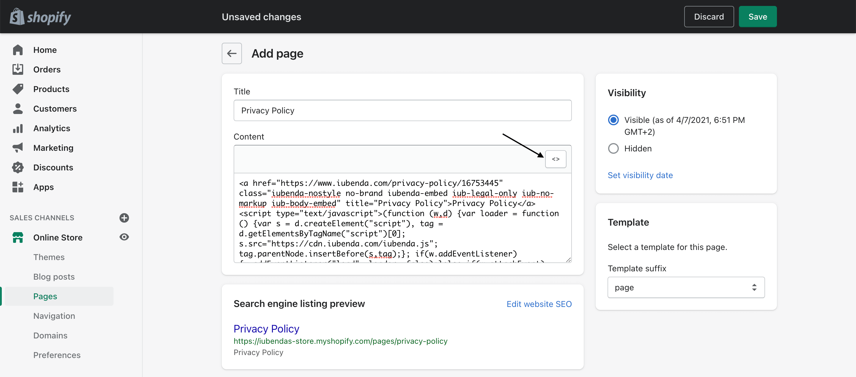 Shopify + iubenda: página Política de Privacidade