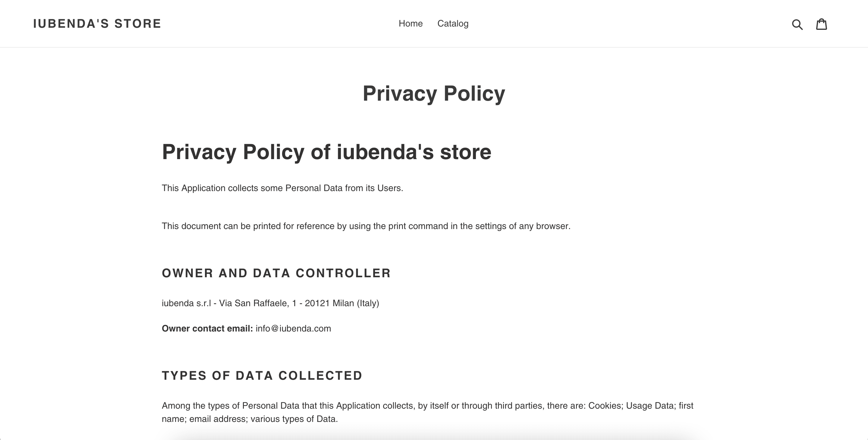 Página da Política de Privacidade no Shopify