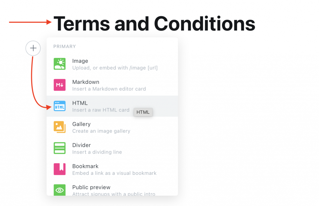 Como adicionar termos e condições no Ghost