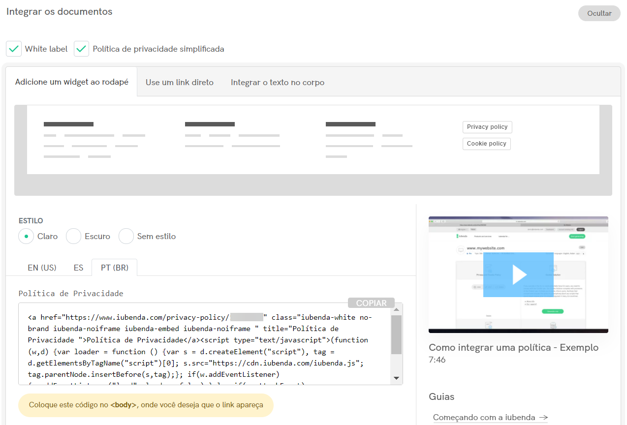 política de privacidade iubenda - adicionar um widget ao rodapé