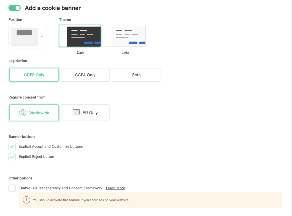 configuração do banner de cookies