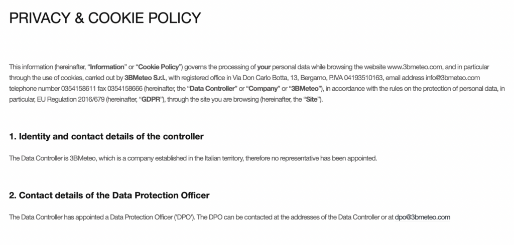 Screenshot of Privacy and Cookie Policy Example