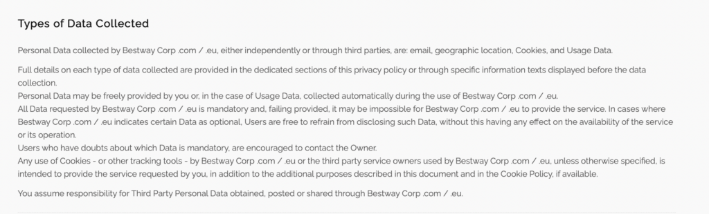 Screenshot of direct text embedding of a Privacy Policy