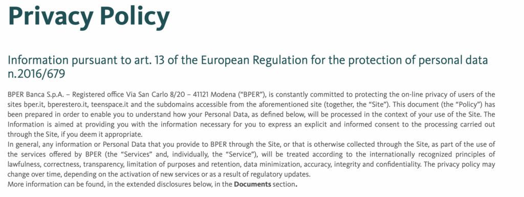 Screenshot of Privacy Policy of BPER banca.