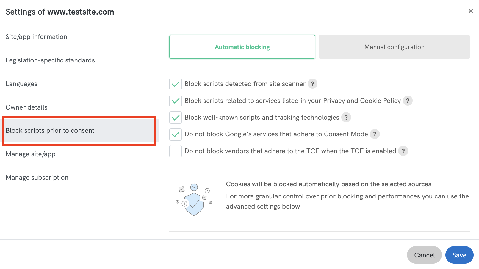 integração com o google bloqueio de scripts da iubenda