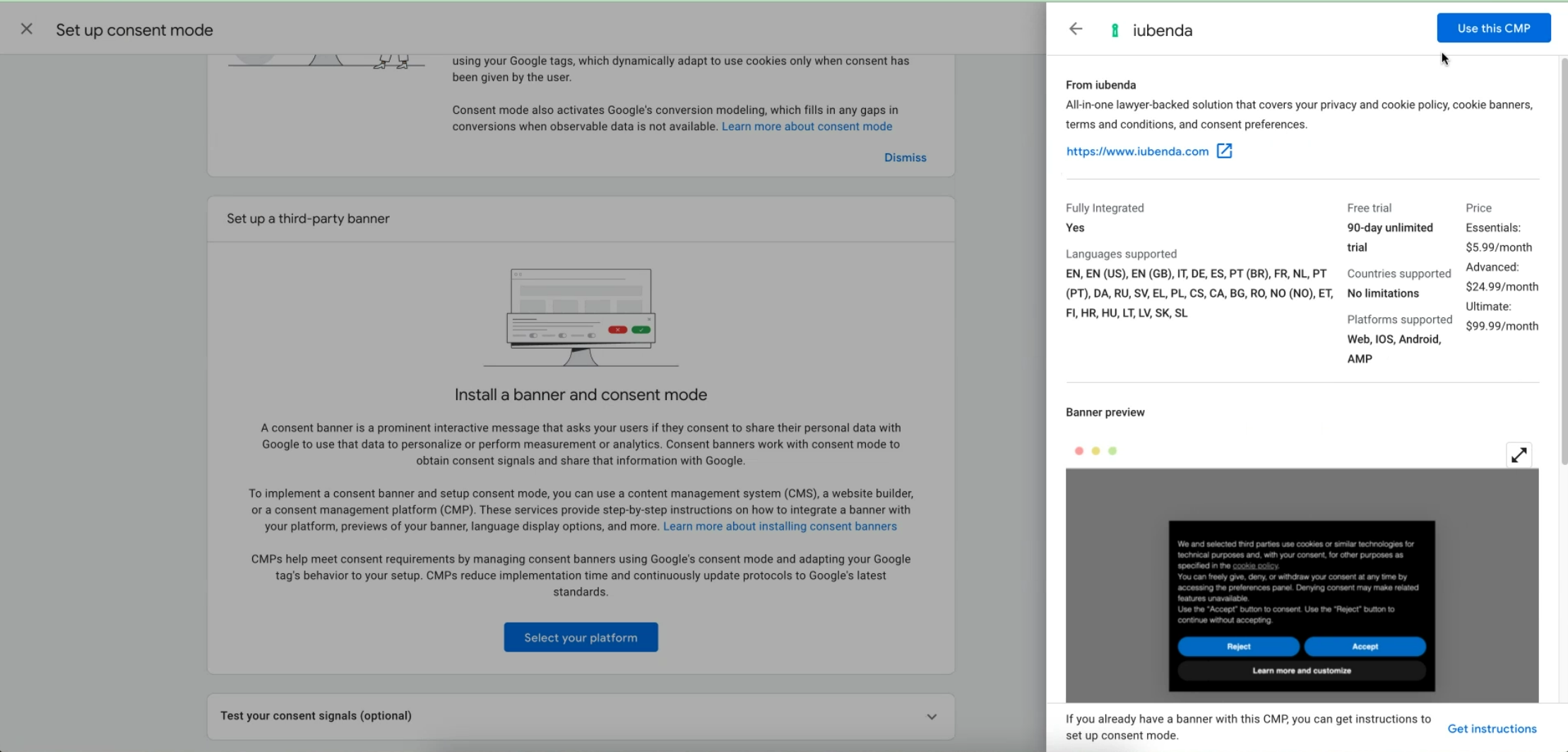 integração com o Google CMP da iubenda