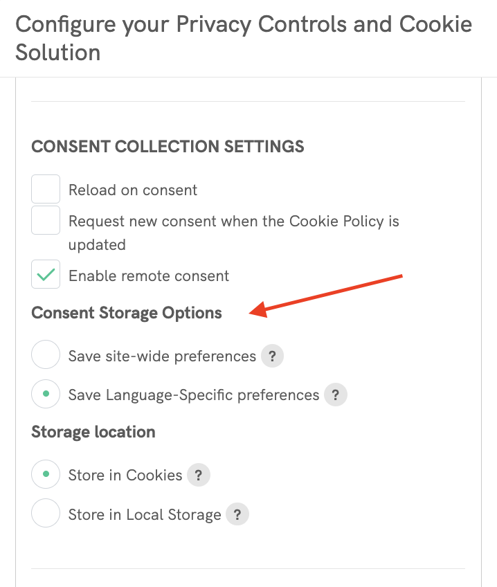 Opções de armazenamento de consentimento Configuração do CS.