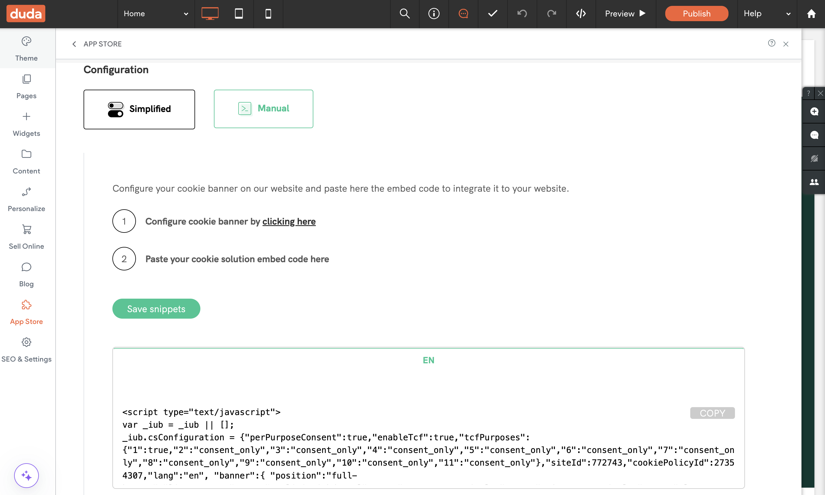 duda iubenda configuração inicial CS configurações extras