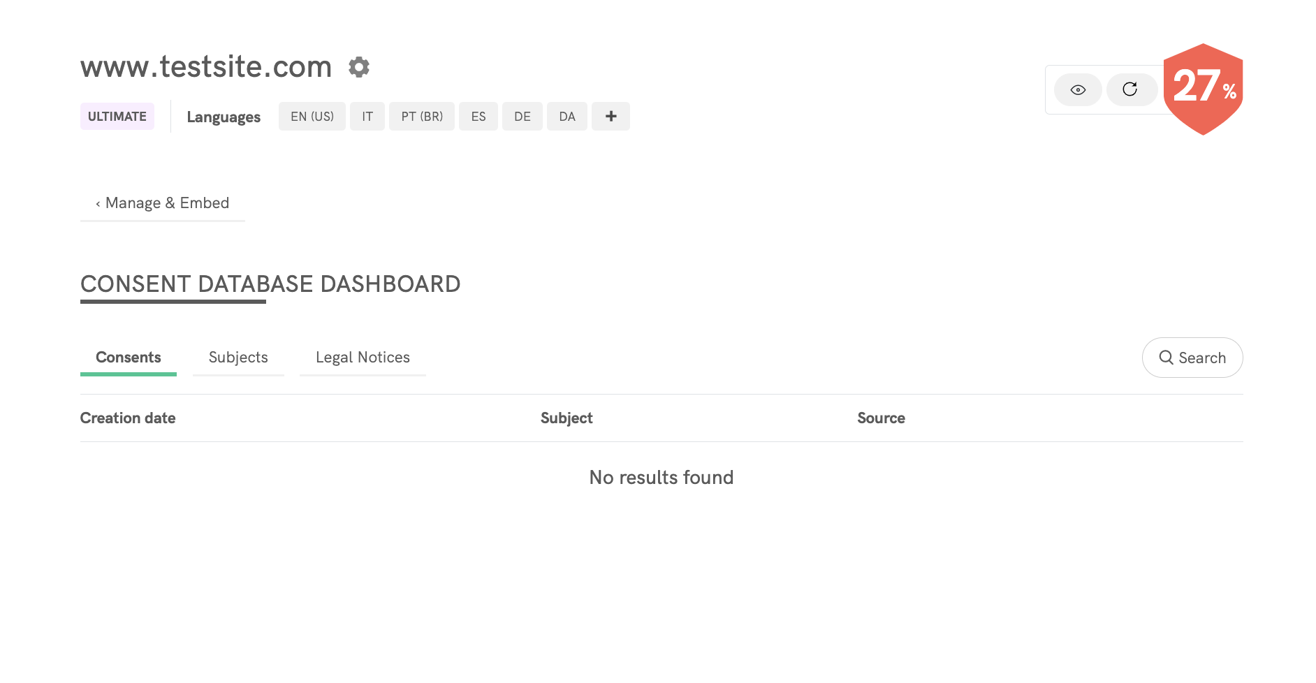 duda iubenda configuração inicial Consent Database
