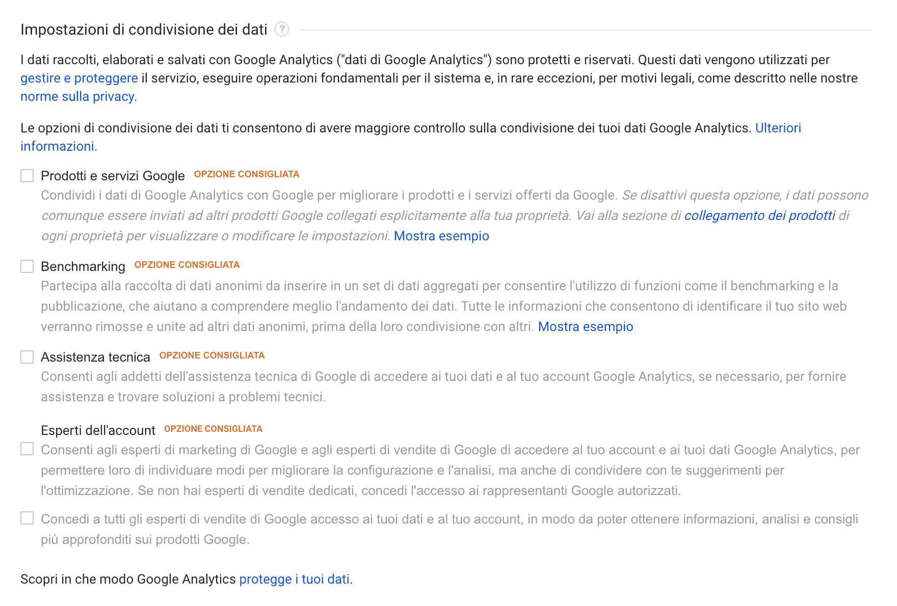 Google Analytics - Impostazioni di condivisione dei dati