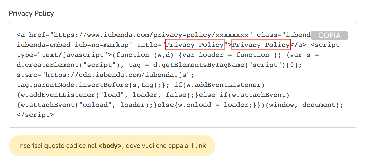 Modifica la dicitura 'Privacy Policy' del pulsante