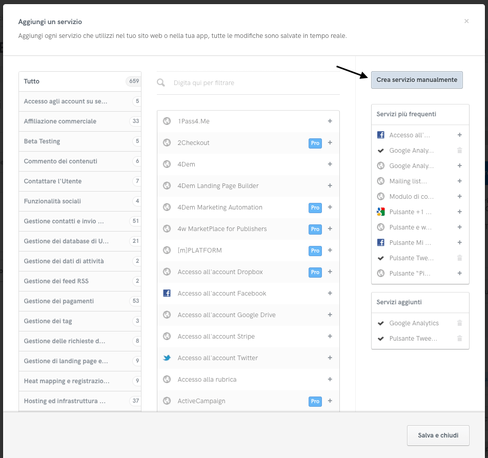 Crea servizio manualmente