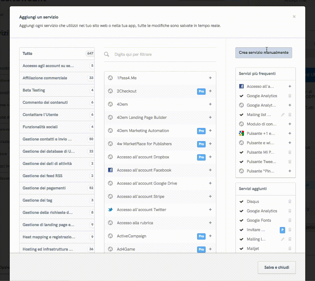 Crea servizio manualmente