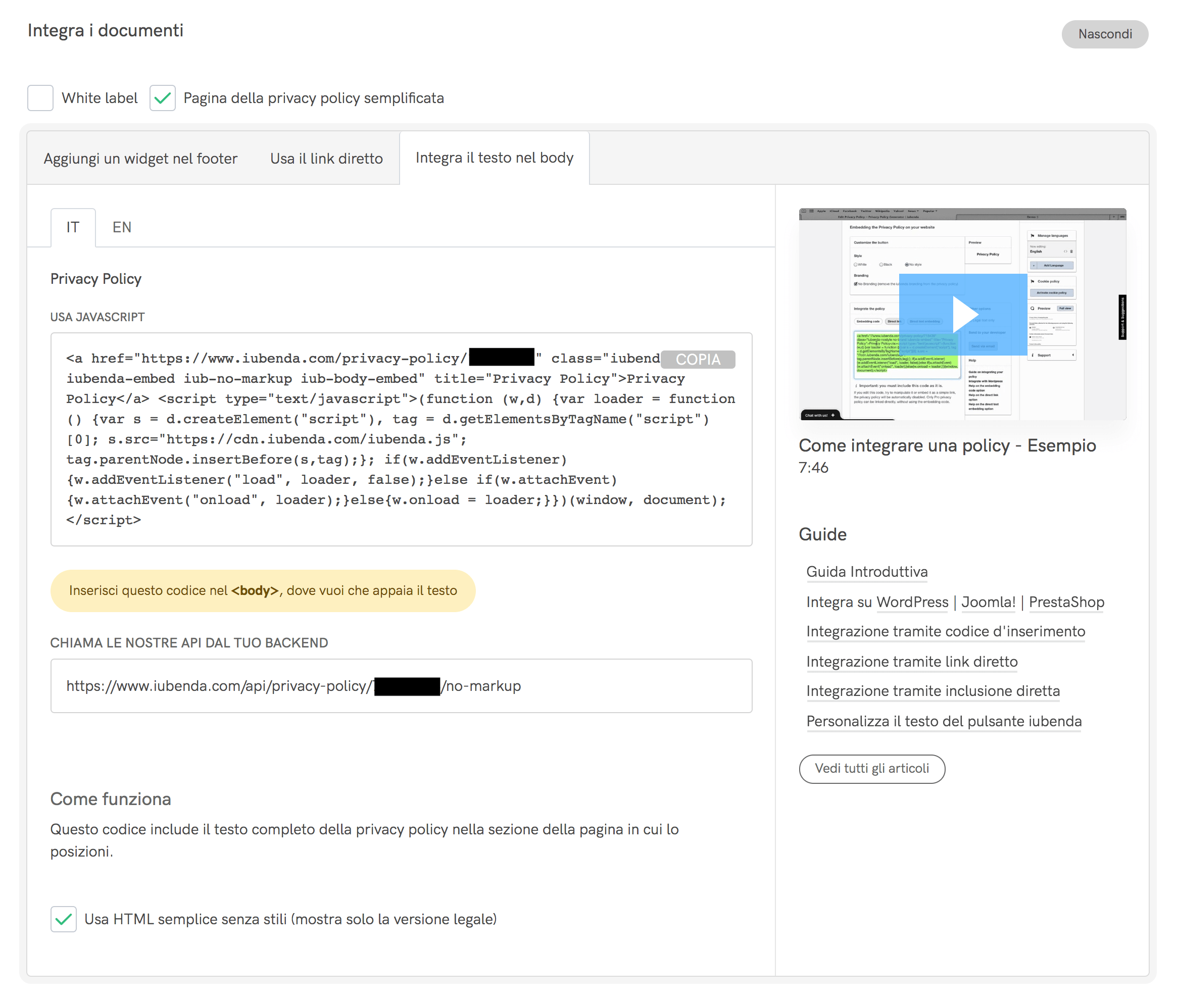Inclusione diretta del testo della policy in Magento