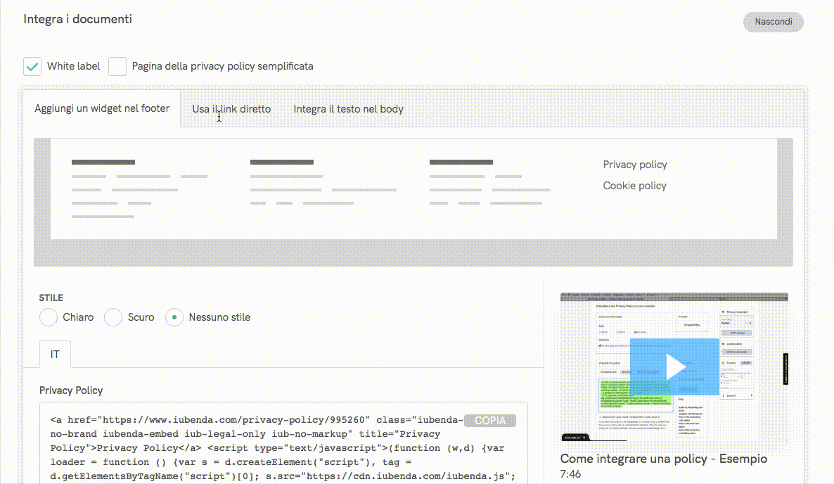 Integra la privacy policy nel tuo sito