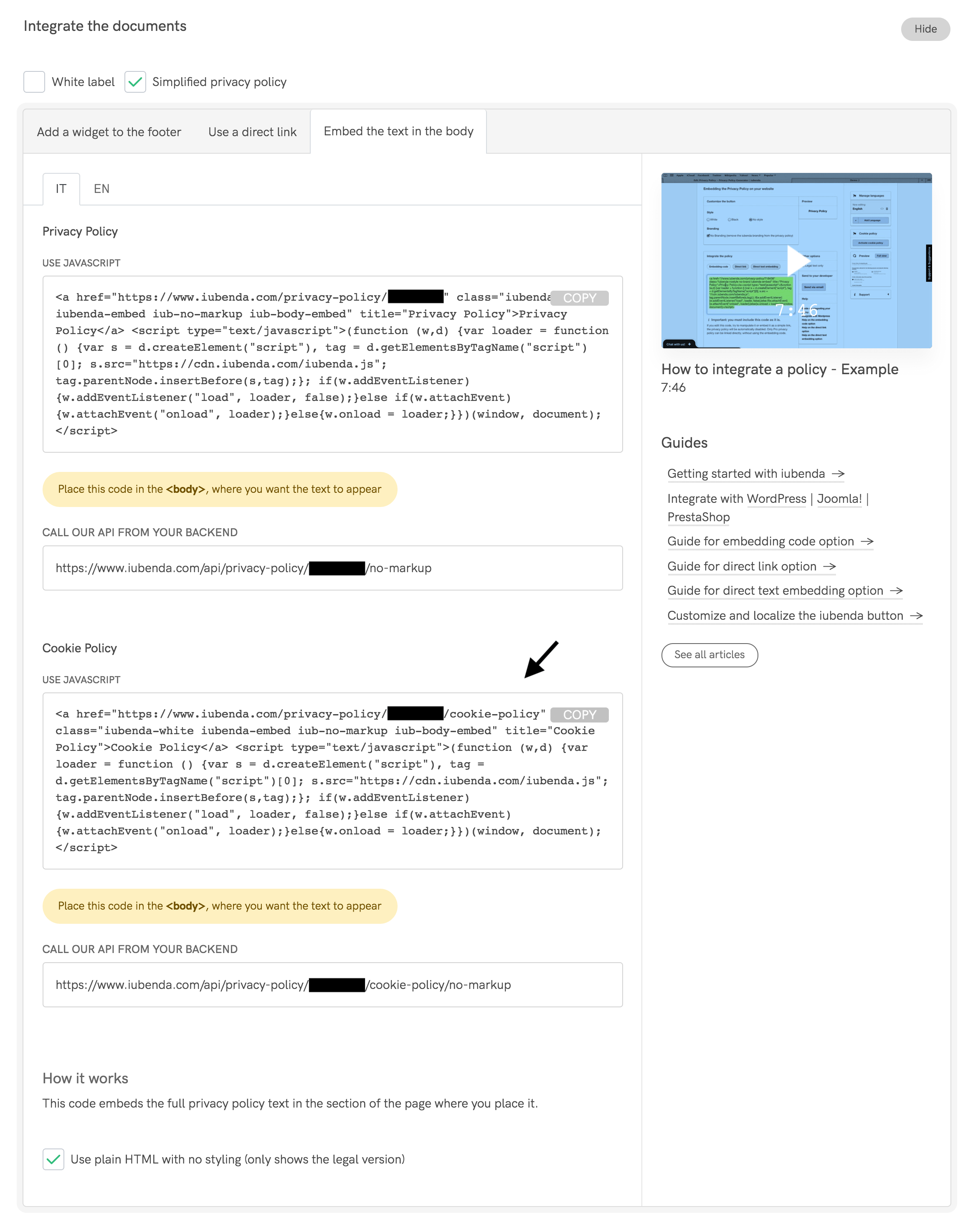 Cookie policy - Direct text embedding