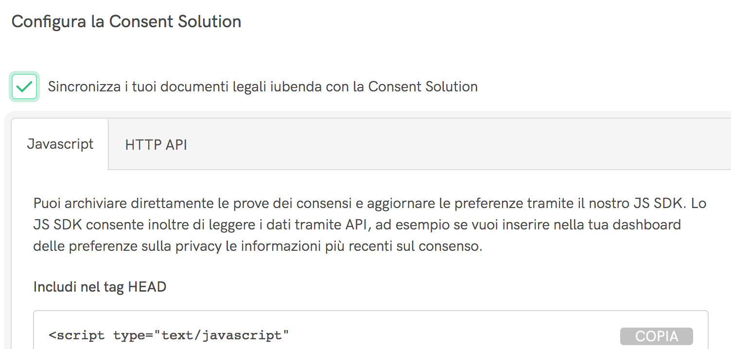 Sincronizza i documenti legali di iubenda con la Consent Solution