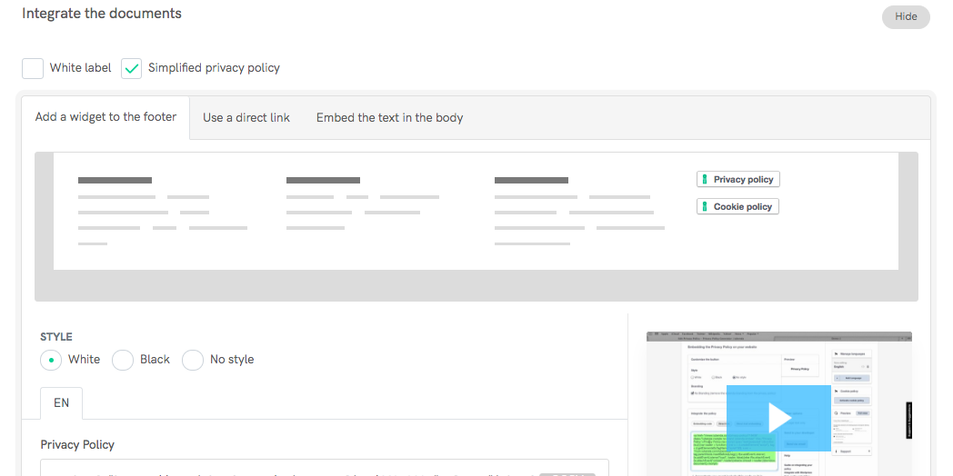 Opções de integração para a Política de Privacidade e de Cookies