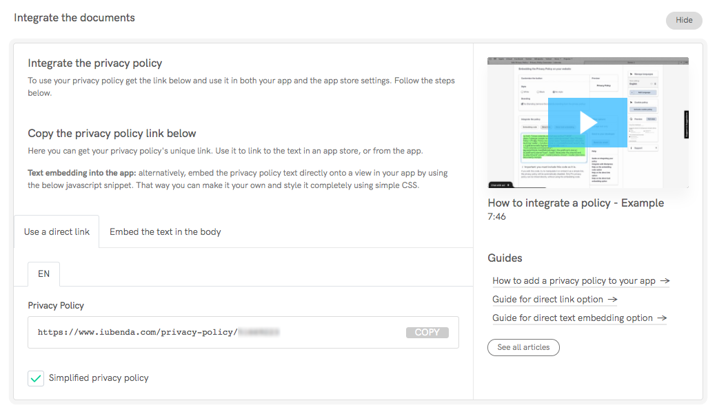 Opções de integração para a Política de Privacidade e de Cookies em Aplicações