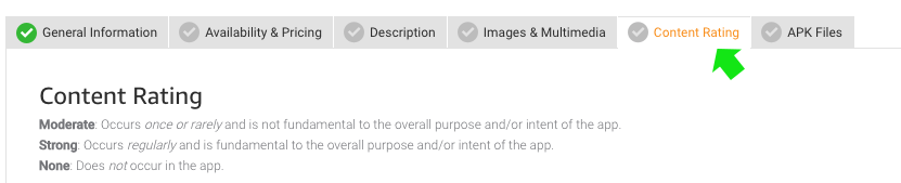 Amazon dev content rating tab