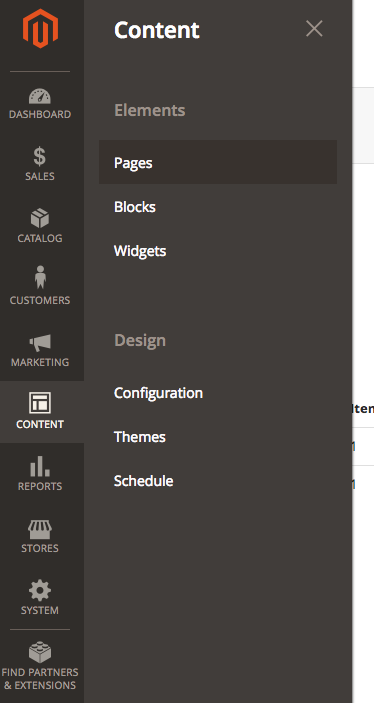 Magento content pages panel