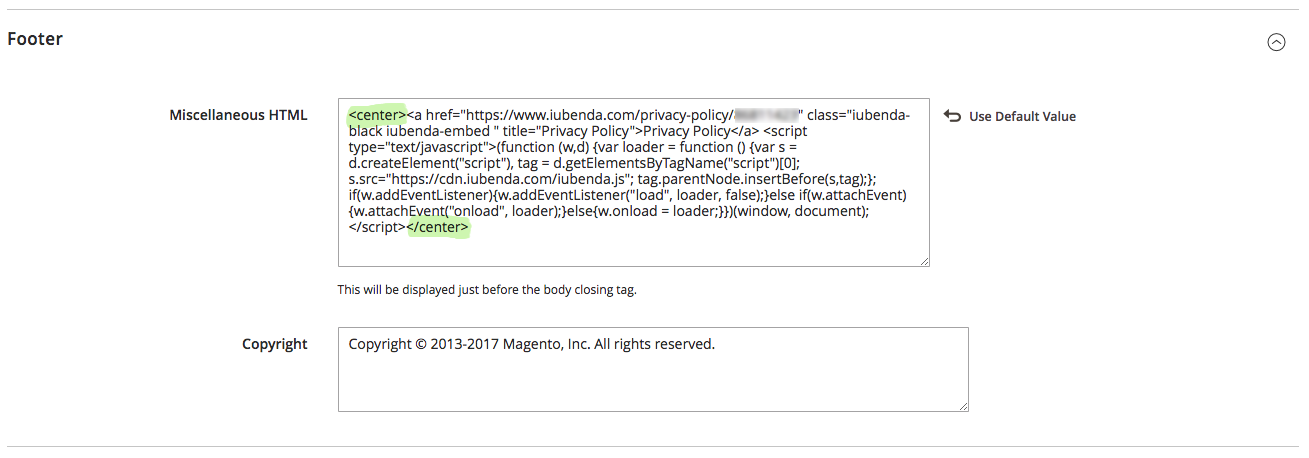 How to paste the iubenda code into the magento footer