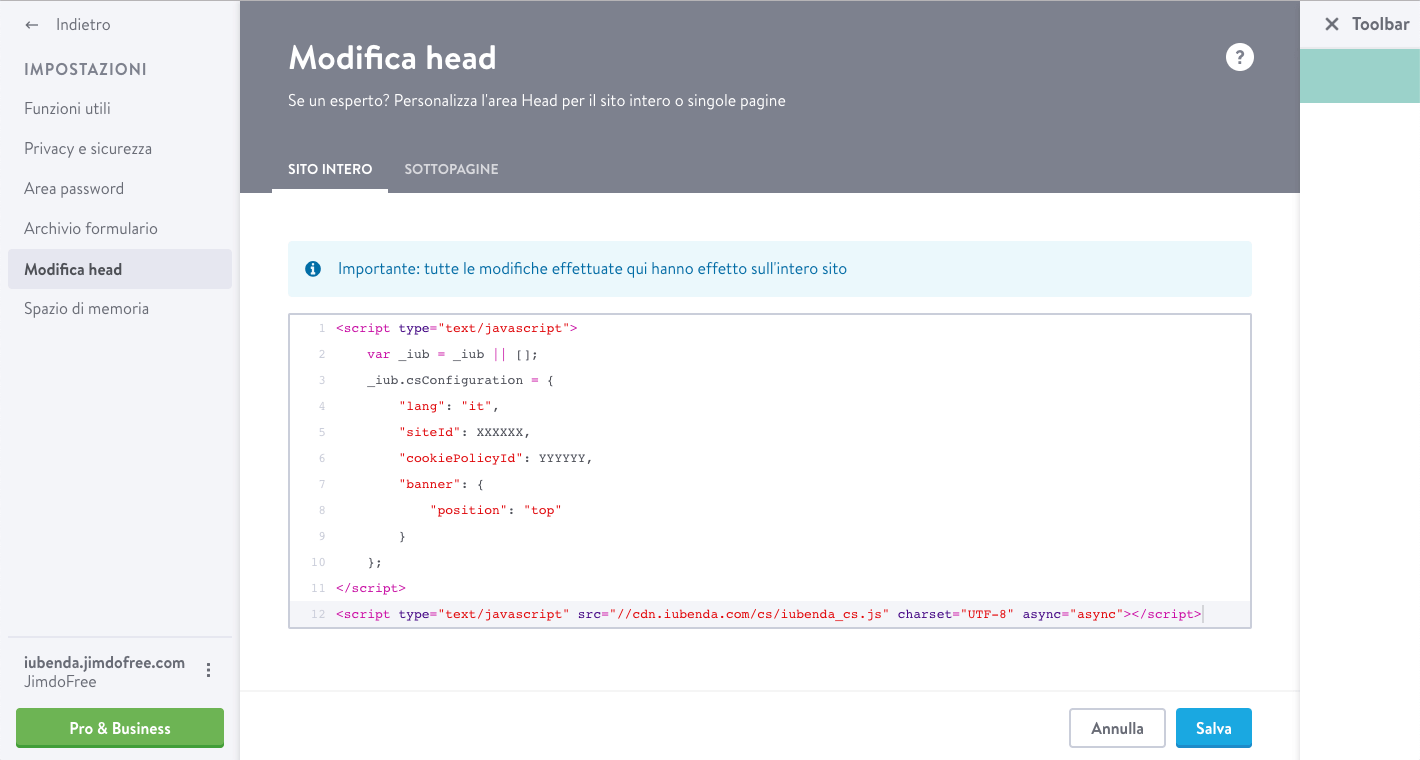 Cookie Solution - Integrazione con Jimdo