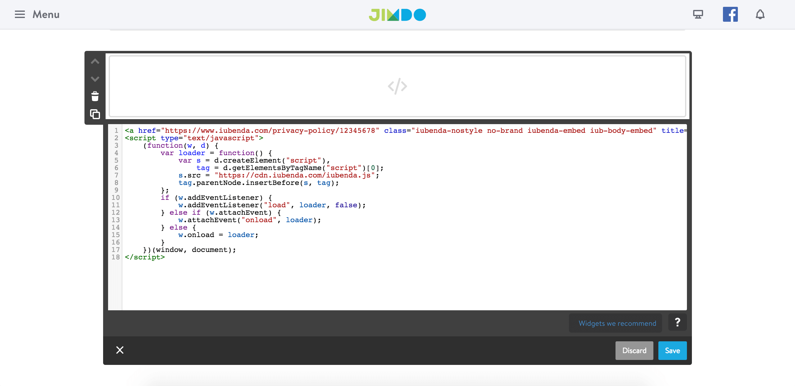 Jimdo - iubenda direct text embedding
