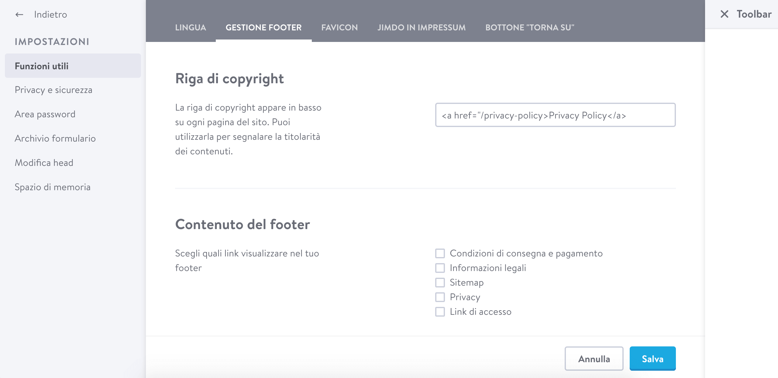 Jimdo - Link della privacy policy di iubenda a footer