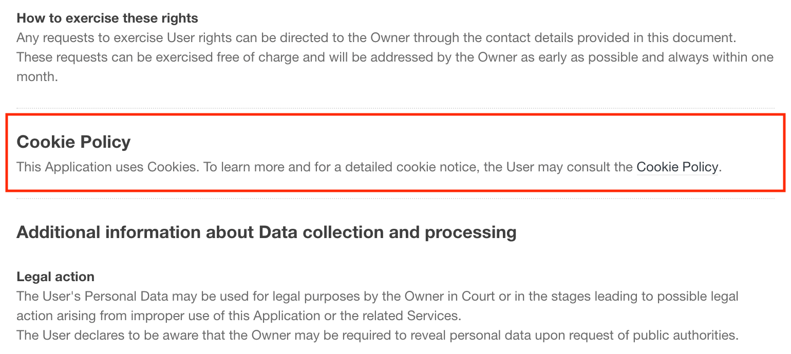 Cookie policy section inside the privacy policy