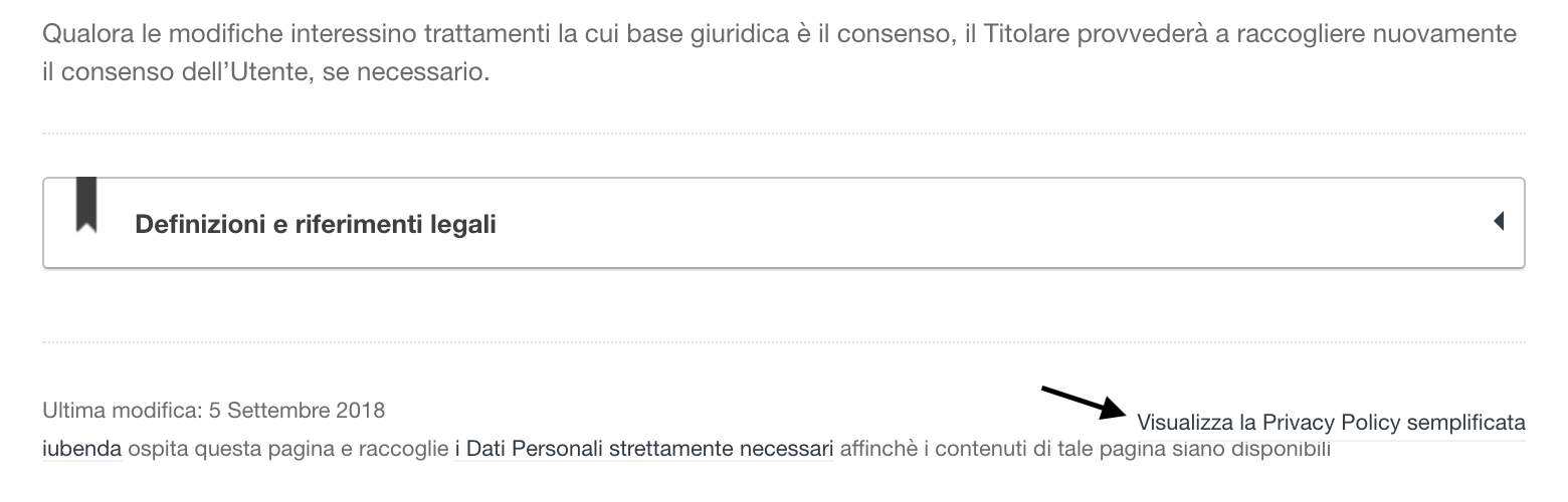 Link alla Privacy Policy semplificata (all'interno della Privacy Policy completa)