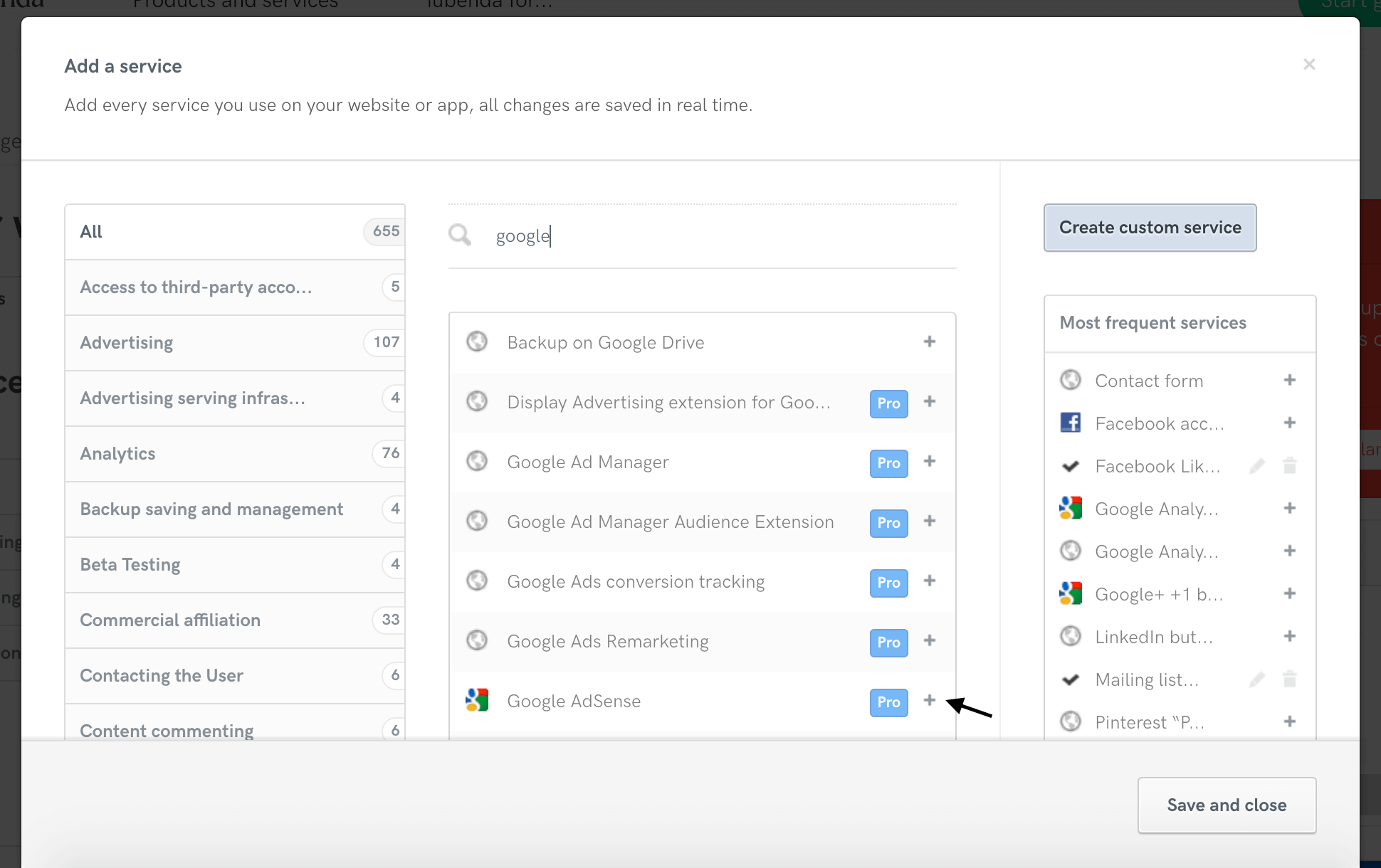 Add 'Google AdSense' service