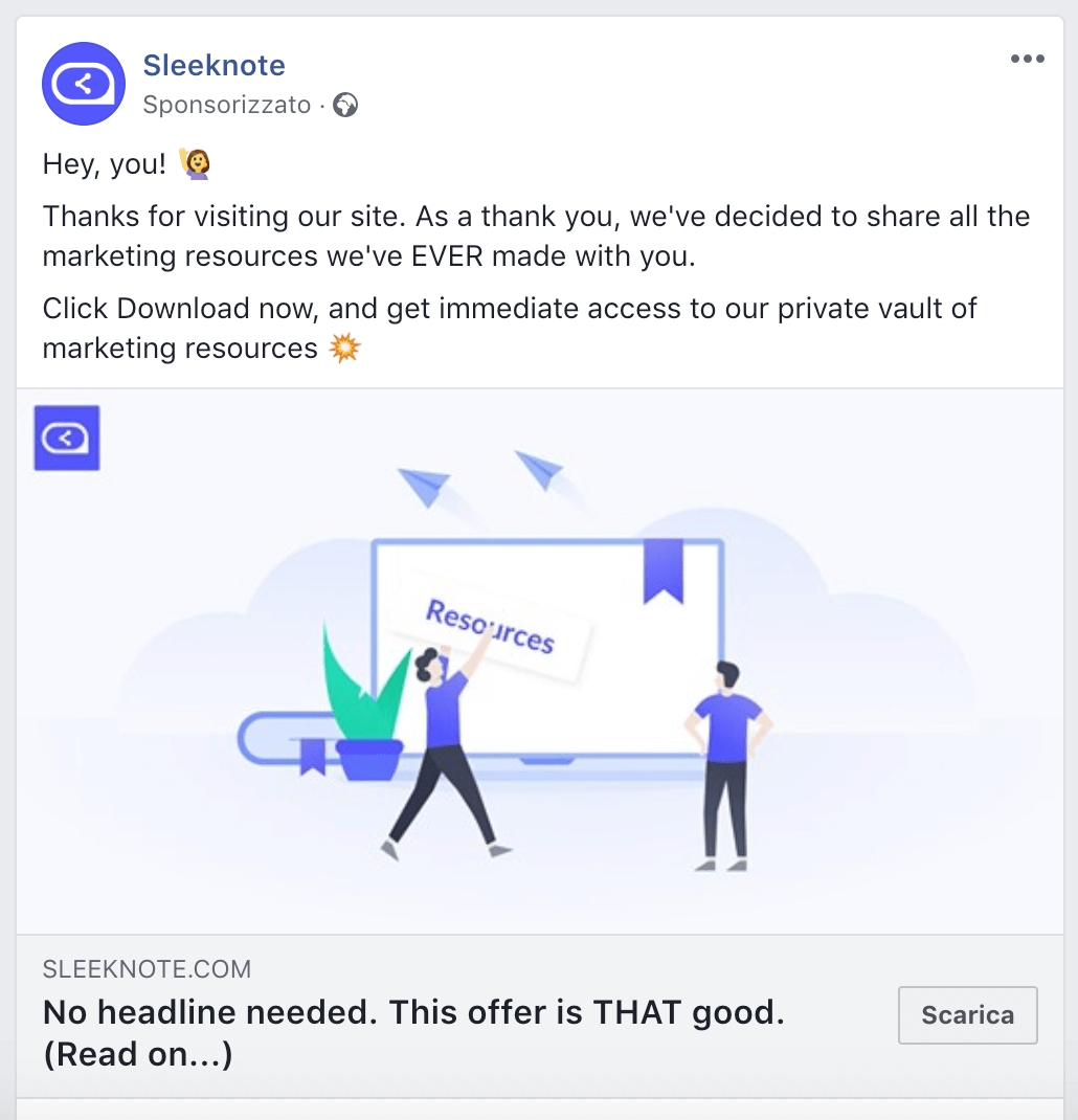 Esempio di inserzione per acquisizione contatti di Facebook