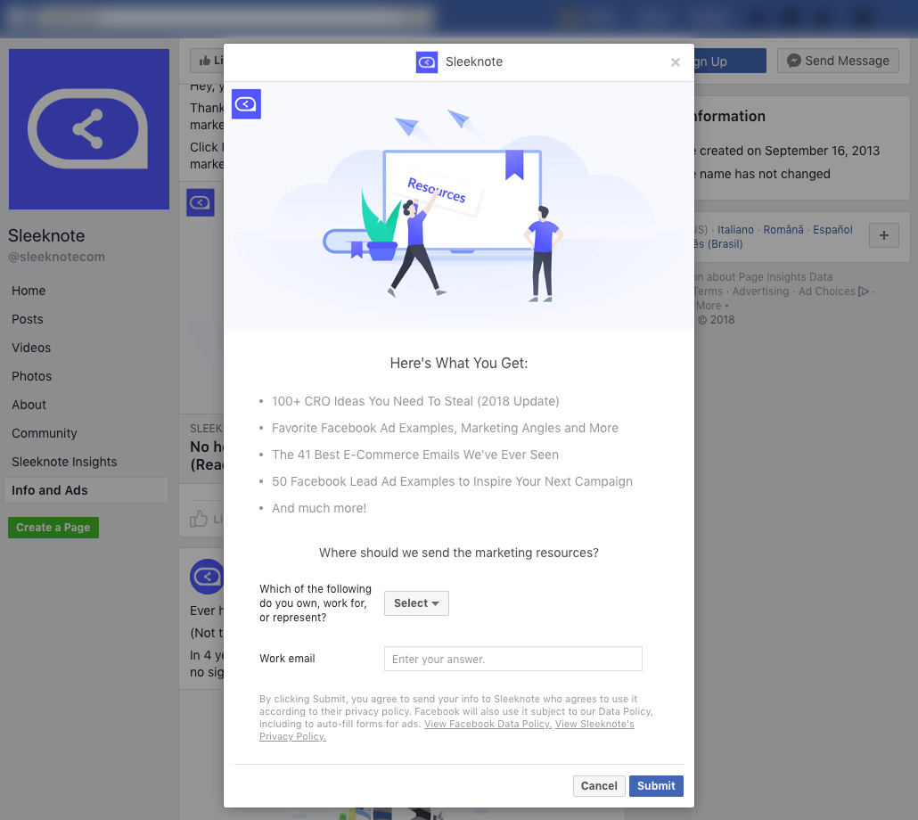 Esempio di inserzione per acquisizione contatti di Facebook
