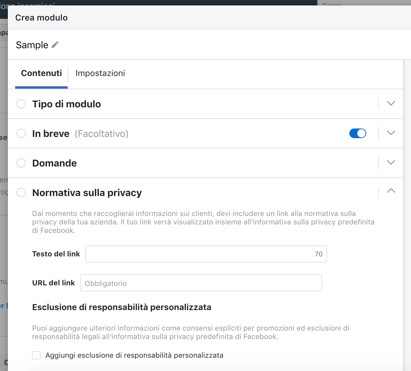 Inserzione per acquisizione contatti di Facebook